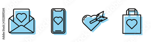 Set line Amour with heart and arrow, Envelope with heart, Mobile phone with heart and Shopping bag with heart icon. Vector