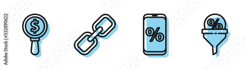 Set line Percent discount and mobile, Magnifying glass and dollar, Chain link and Lead management icon. Vector