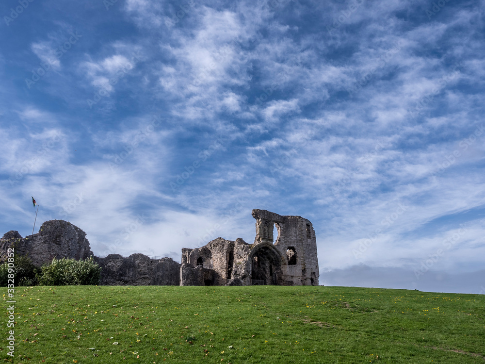 Old ruined castle tower in beautiful landscape in Wales