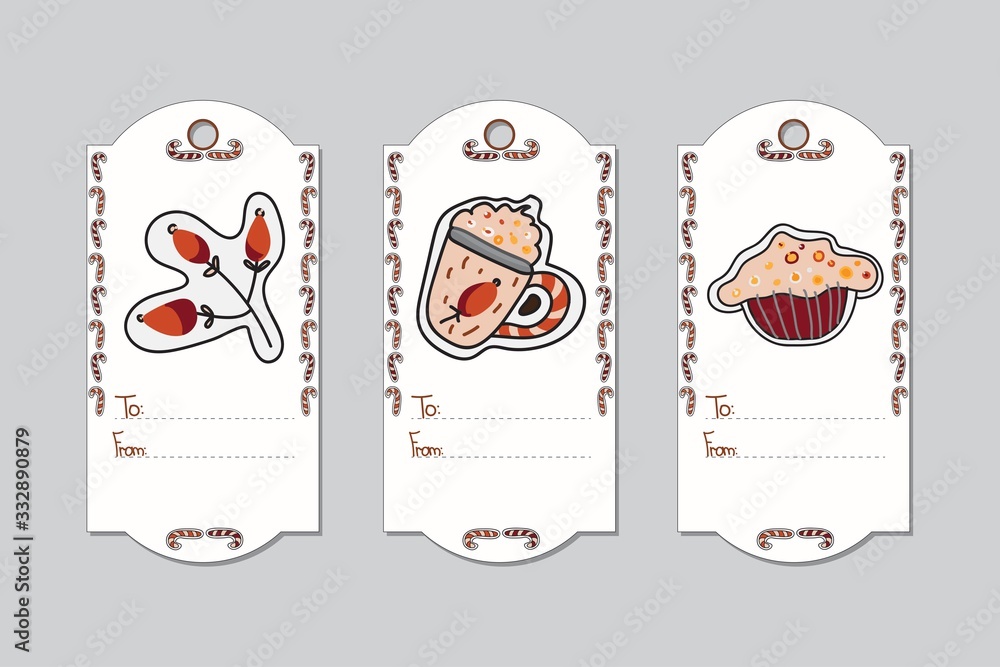 Fototapeta premium Christmas gift tags with hand-drawn Christmas symbols - gingerbread of rose hip, keks and cup. Vector illustration isolated on grey background.