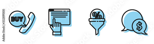 Set line Lead management, Phone and speech bubble with Buy, Online shopping on screen and Speech bubble with dollar icon. Vector