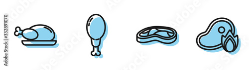 Set line Steak meat, Roasted turkey or chicken, Chicken leg and Grilled steak meat and fire flame icon. Vector