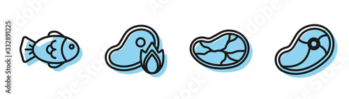 Fototapeta Set line Steak meat, Fish, Grilled steak meat and fire flame and Steak meat icon. Vector