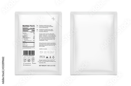 Blank sachet packaging for food, cosmetic and hygiene with product information. Vector illustration isolated on white background. Ready for your design. EPS10.