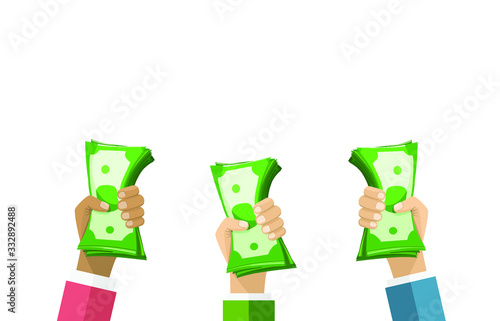 Hands holding packs of dollar bills
