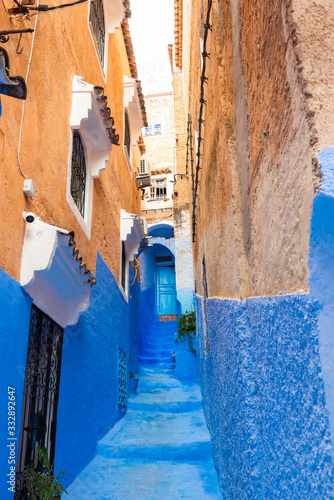 View of the street of the blue town Chefchaouen, Morocco. Vertical. © ggfoto