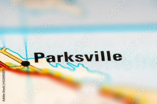 Parksville on a USA printed road map. Close-up on road map. Target of journey. photo