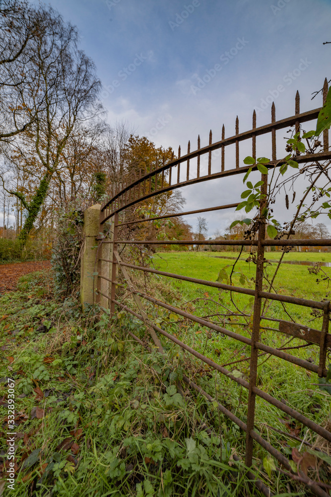 Unique old rusty iron farm gate with spikes on top, Currells avenue, Ballymena, County Antrim, Northern Ireland