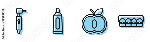 Set line Apple, Tooth drill, Tube of toothpaste and Teeth with braces icon. Vector