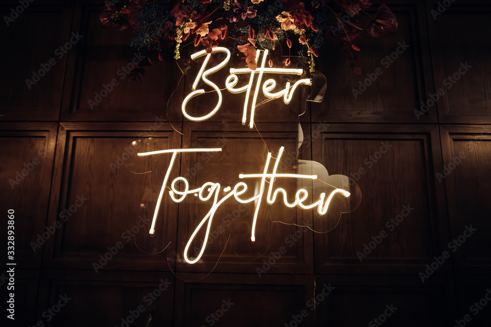 Neon sign at a wedding ceremony at a restaurant. Wedding decor - obrazy, fototapety, plakaty 