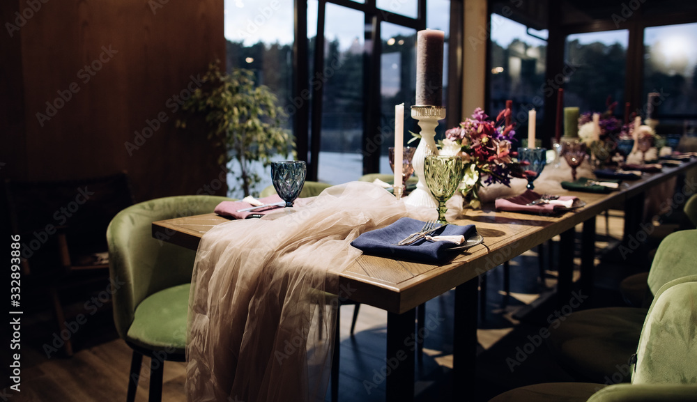 Catering service, table with chairs and flowers in restaurant
