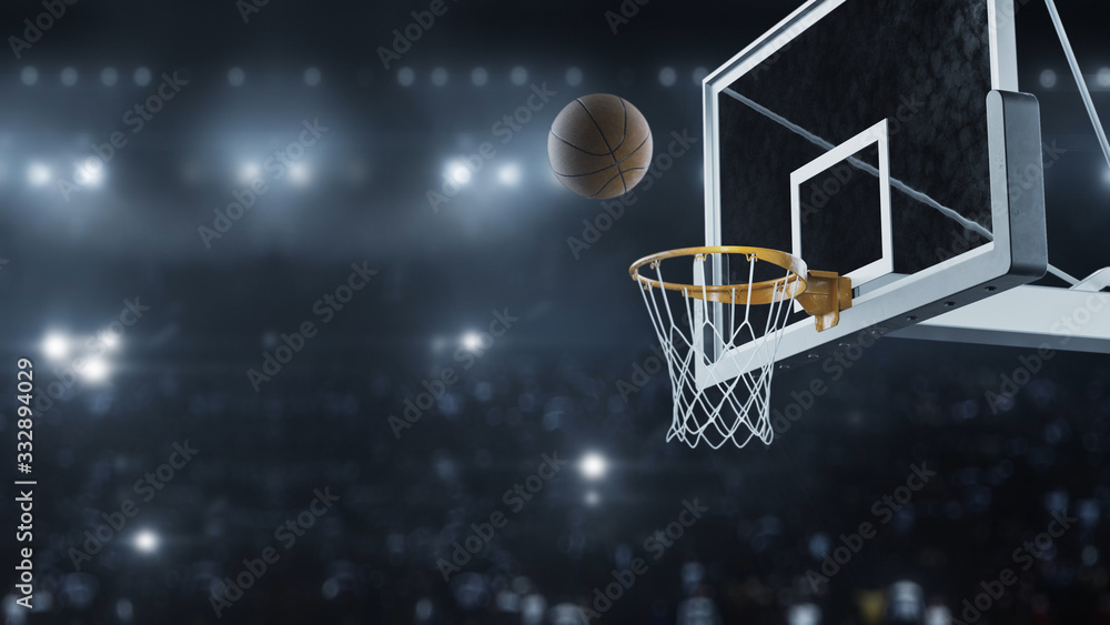 3d render Basketball hit the basket in slow motion on the background of flashes of cameras