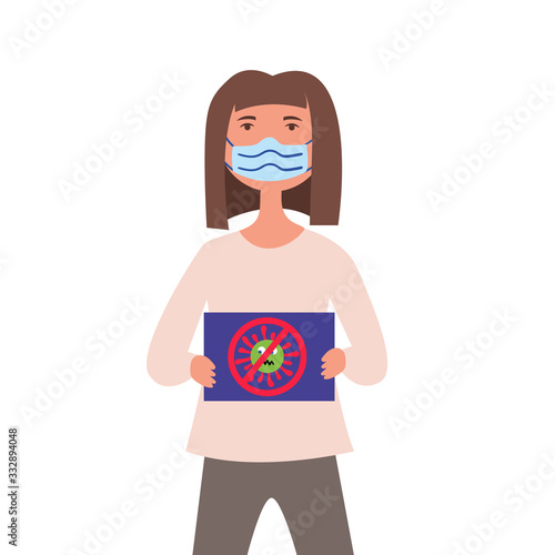 Girl in medical mask protests against coronavirus bacteria