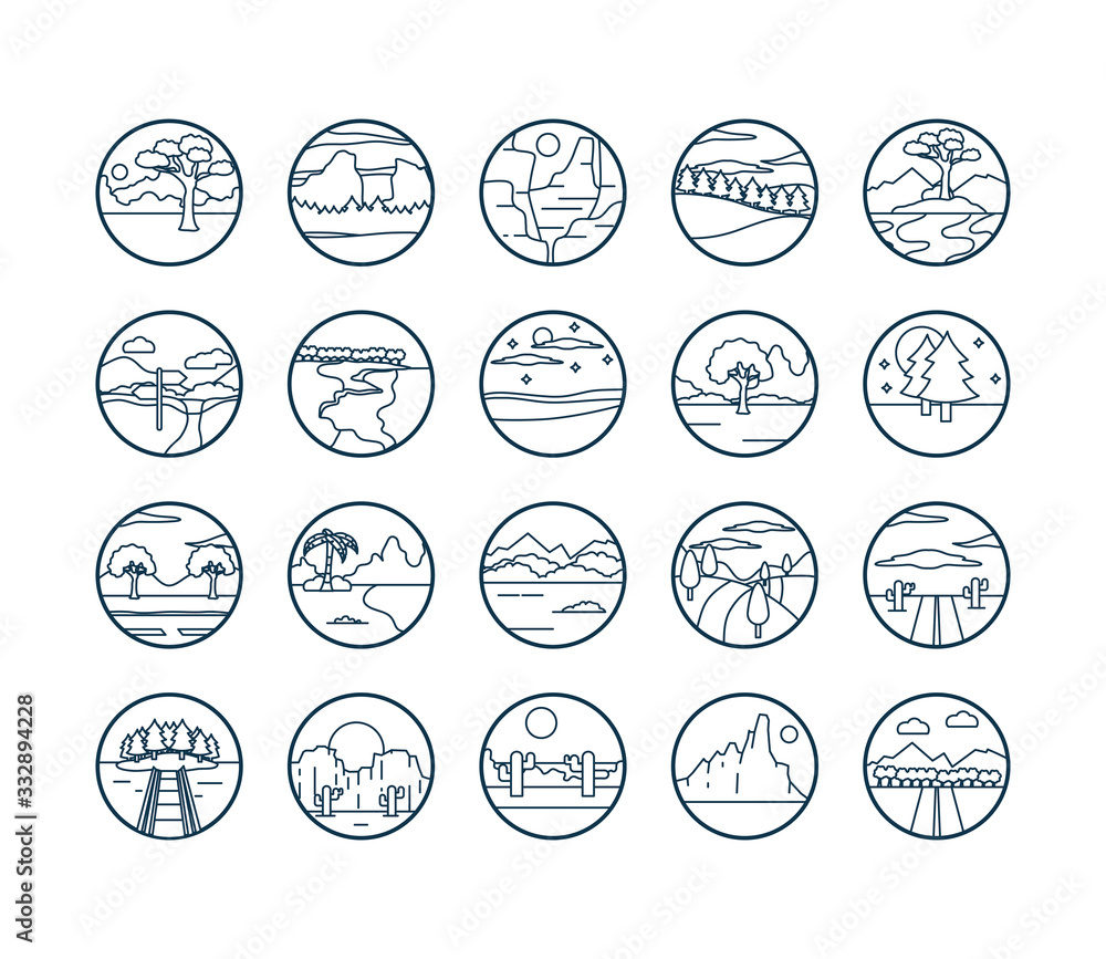 Naklejka premium Landscapes line style icon set vector design
