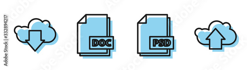 Set line PSD file document, Cloud download, DOC file document and Cloud upload icon. Vector