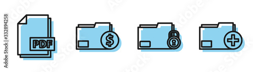 Set line Folder and lock, PDF file document, Finance document folder and Add new folder icon. Vector