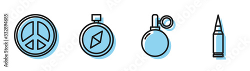 Fototapeta Set line Hand grenade, Peace, Compass and Bullet icon. Vector