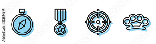 Set line Target sport, Compass, Military reward medal and Brass knuckles icon. Vector