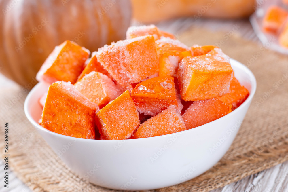 Sliced frozen pumpkin in a bowl Sliced frozen pumpkin in a bowl