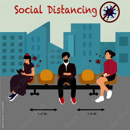 Social distancing covid-19 virus corona vector icon man cartoon social distanc woman Spread prevent Contagious disease
