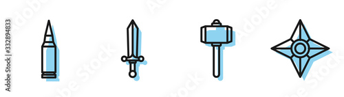 Set line Battle hammer, Bullet, Medieval sword and Japanese ninja shuriken icon. Vector
