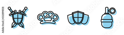 Set line Shield, Medieval shield with crossed swords, Brass knuckles and Hand grenade icon. Vector