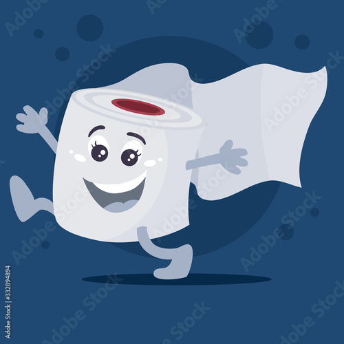 toilet paper roll happily paces with arms wide apart, object on blue background, vector illustration,