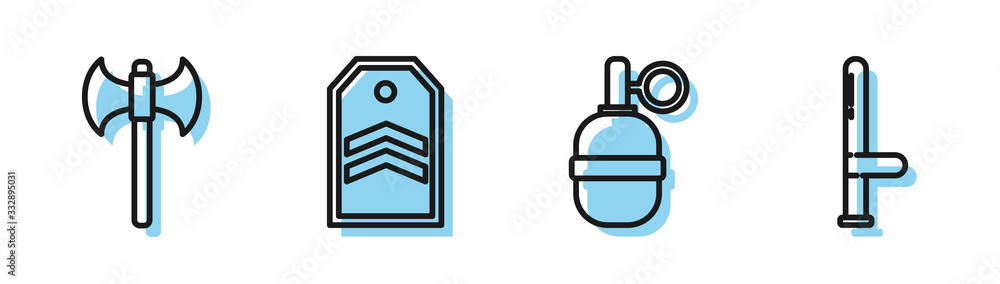 Fototapeta Set line Hand grenade, Medieval axe, Chevron and Police rubber baton icon. Vector