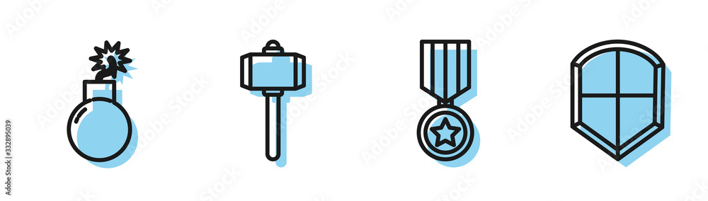 Fototapeta Set line Military reward medal, Bomb ready to explode, Battle hammer and Shield icon. Vector