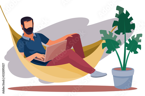 a man works remotely on a computer, lies in a hammock, coziness, comfort, freelance, vector illustration, eps