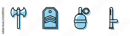Fototapeta Set line Hand grenade, Medieval axe, Chevron and Police rubber baton icon. Vector