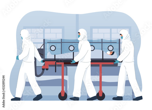 Medical team in protective gear taking patient infected with coronavirus to hospital. Patient with coronavirus in isolation chamber