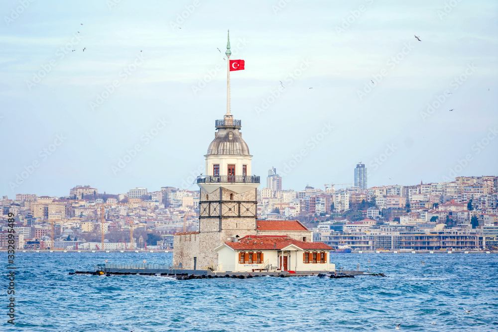 Maiden's Tower or Leander's Tower (Kiz kulesi) located in the middle of Bosporus in Istanbul, Turkey.