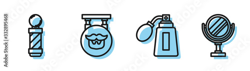 Set line Aftershave bottle with atomizer, Classic Barber shop pole, Barbershop and Round makeup mirror icon. Vector