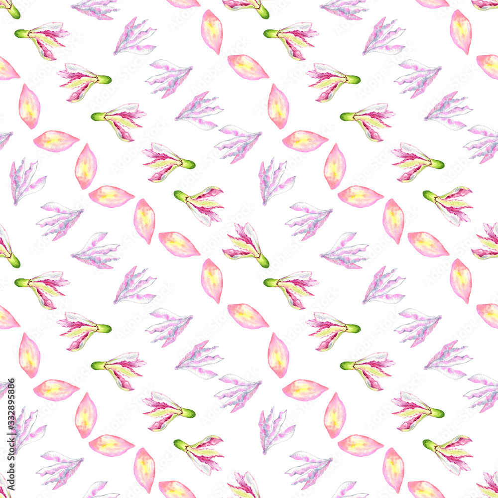 Seamless pattern of watercolor spring flowers and ceiba tree petals. White background. Seamless pattern of watercolor spring flowers and ceiba tree petals. White background.