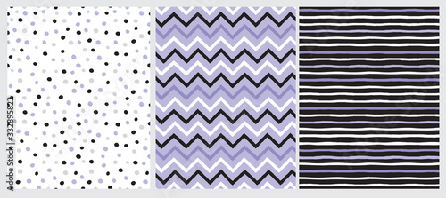 Set of 3 Geometric Seamless Vector Patterns with Chevron, Stripes and Polka Dots. Irregular Dotted Print. Zig Zag Repeatable Design. Violet, Black and White Striped Lauout. 