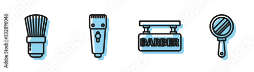 Set line Barbershop, Shaving brush, Electrical hair clipper or shaver and Hand mirror icon. Vector