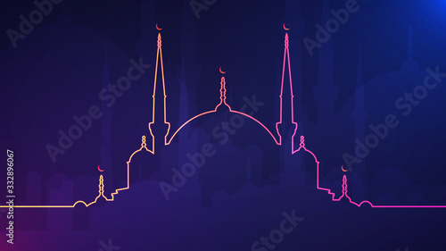 Eid Mubarak abstract light background with glowing neon colored mosque silhouette