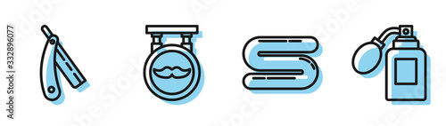 Set line Towel, Straight razor, Barbershop and Aftershave bottle with atomizer icon. Vector