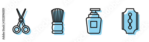 Set line Bottle of shampoo, Scissors hairdresser, Shaving brush and Blade razor icon. Vector