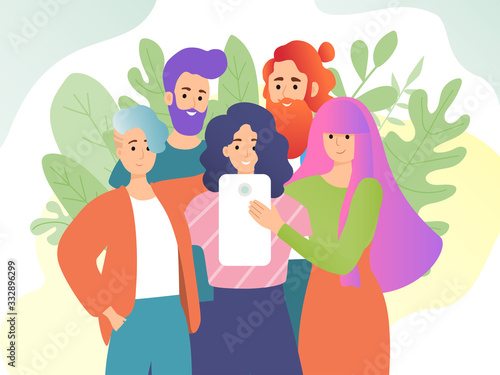Friends meting and make selfie. Banner with character of men and women. Take a photo. Digital web concept in cartoon style. Colorful creative poster for web and icon. Vector illustration.