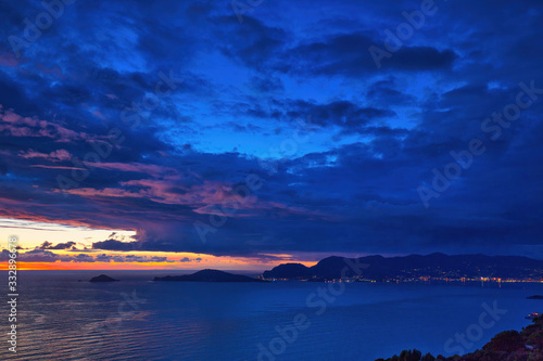 Sunset over the Gulf of Lerici from Montemarcello Liguria Italy