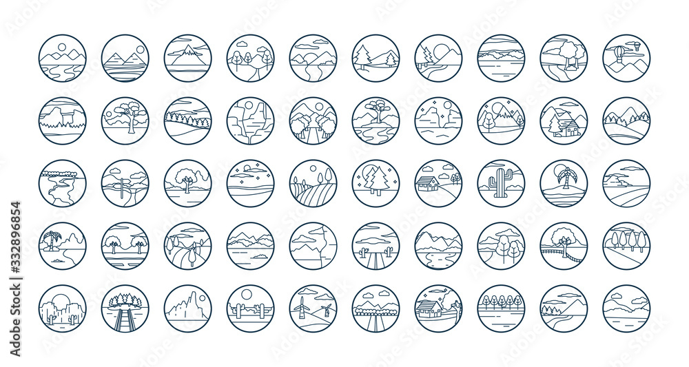 Landscapes line style icon set vector design Landscapes line style icon set vector design