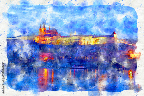watercolor style and abstract illustration of Prague at night. Cathedral and palace view © tomertu