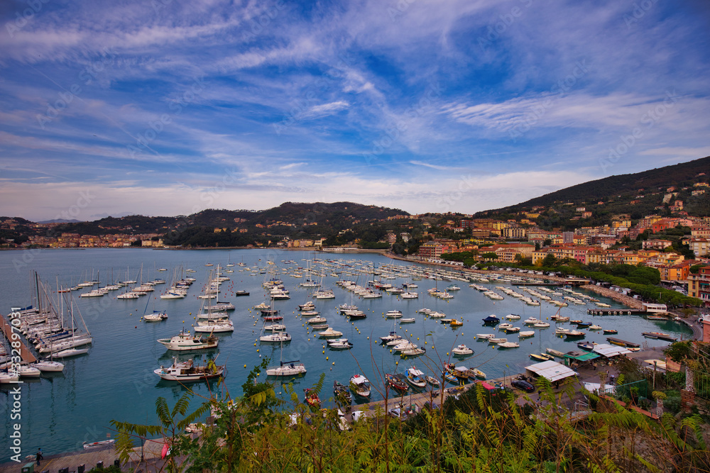 Panorama from the castle of Lerici towards the gulf Liguria Italy