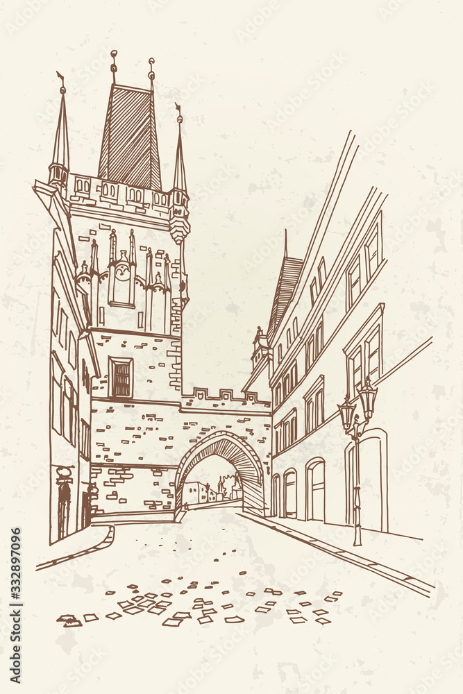 vector sketch of Lesser Town Bridge Towers on Charles Bridge and Prague castel. Prague, Czech Republic, Bohemia.