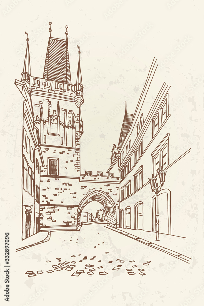 Fototapeta premium vector sketch of Lesser Town Bridge Towers on Charles Bridge and Prague castel. Prague, Czech Republic, Bohemia.