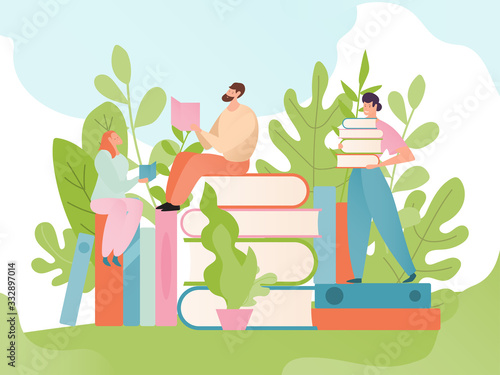People sitting on book and reading. Men and women discussing a book, magazine, history, fiction, story. Colorful creative reader club banner, poster on background. Cartoon style. Vector illustration.