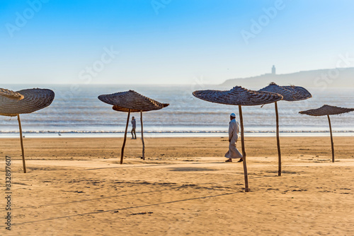View of the empty sandy beach, Essaouira, Morocco. Copy space for text. 