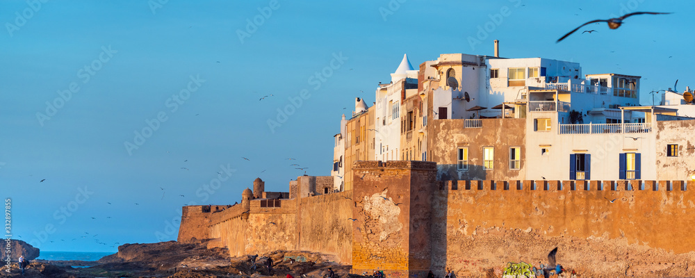 Panorama view of the city walls, Medina Essaouira, Morocco. Copy space for text.